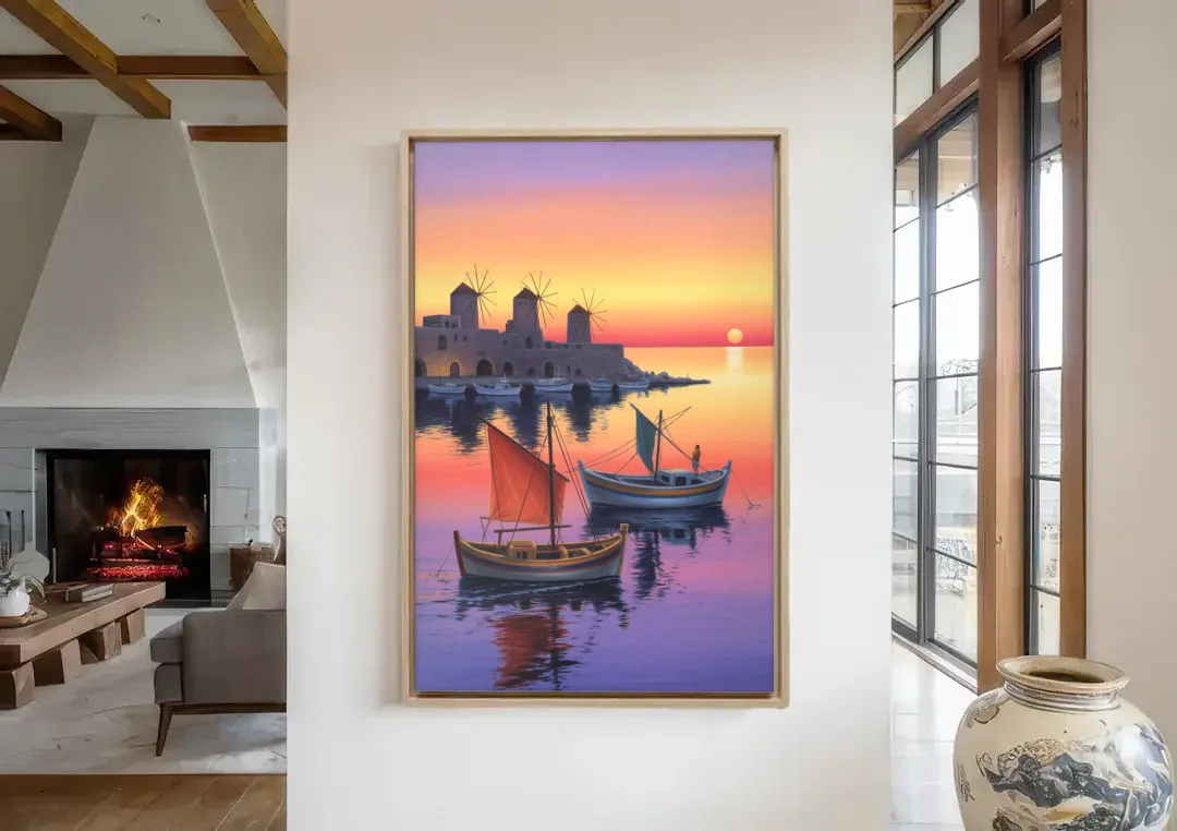 Mandraki Harbor canvas wall art in a living room with a fireplace
