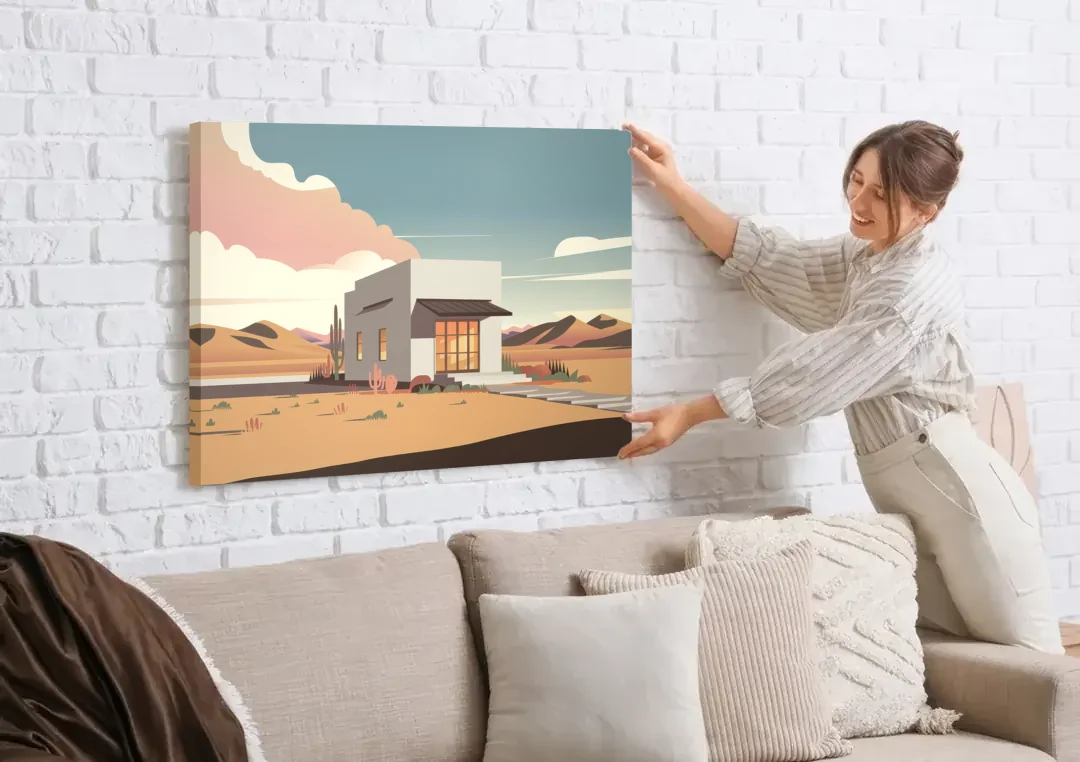 Marfa Artistic Vibes canvas wall art being hung on a white brick wall above a sofa