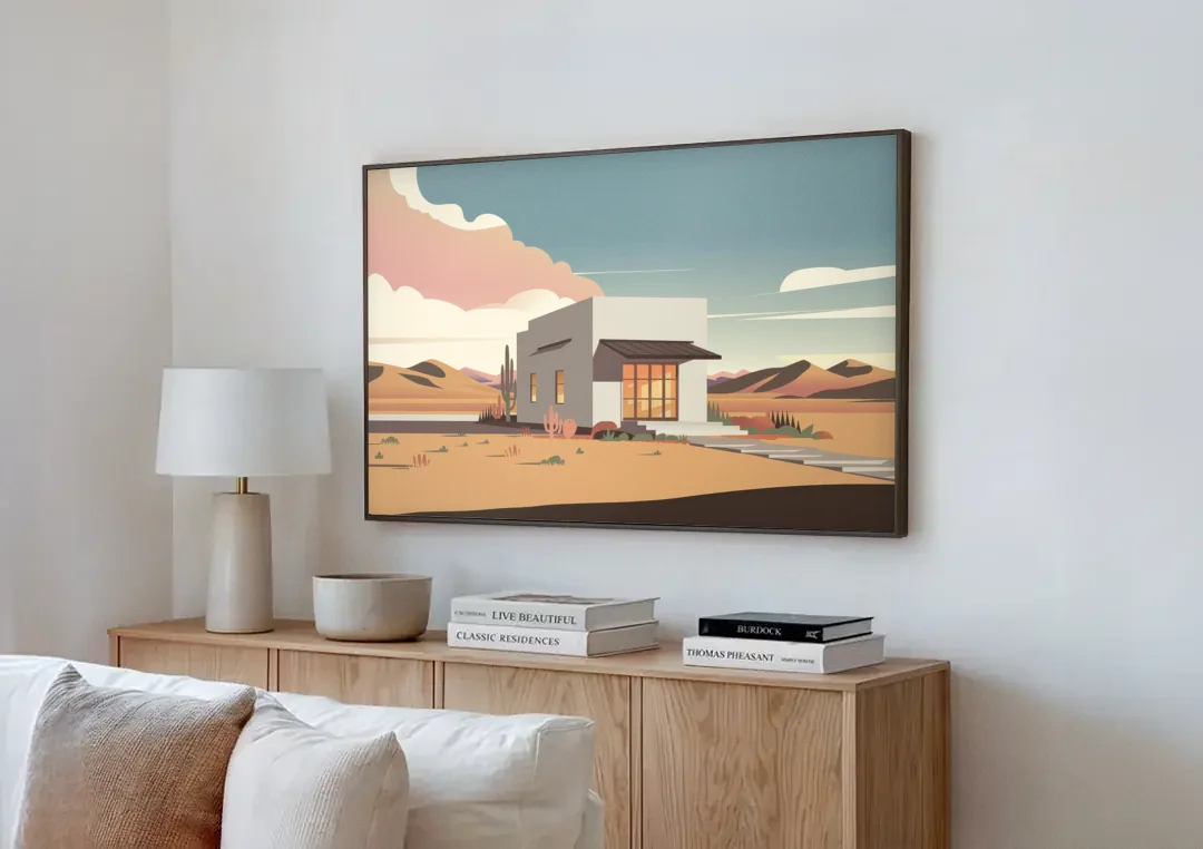 Marfa Artistic Vibes canvas wall art above a wooden sideboard next to a sofa
