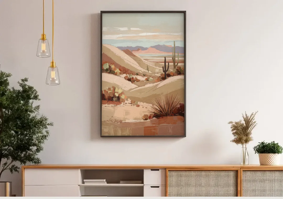 Marfa Desert Landscape canvas wall art above a wooden sideboard under pendant lights