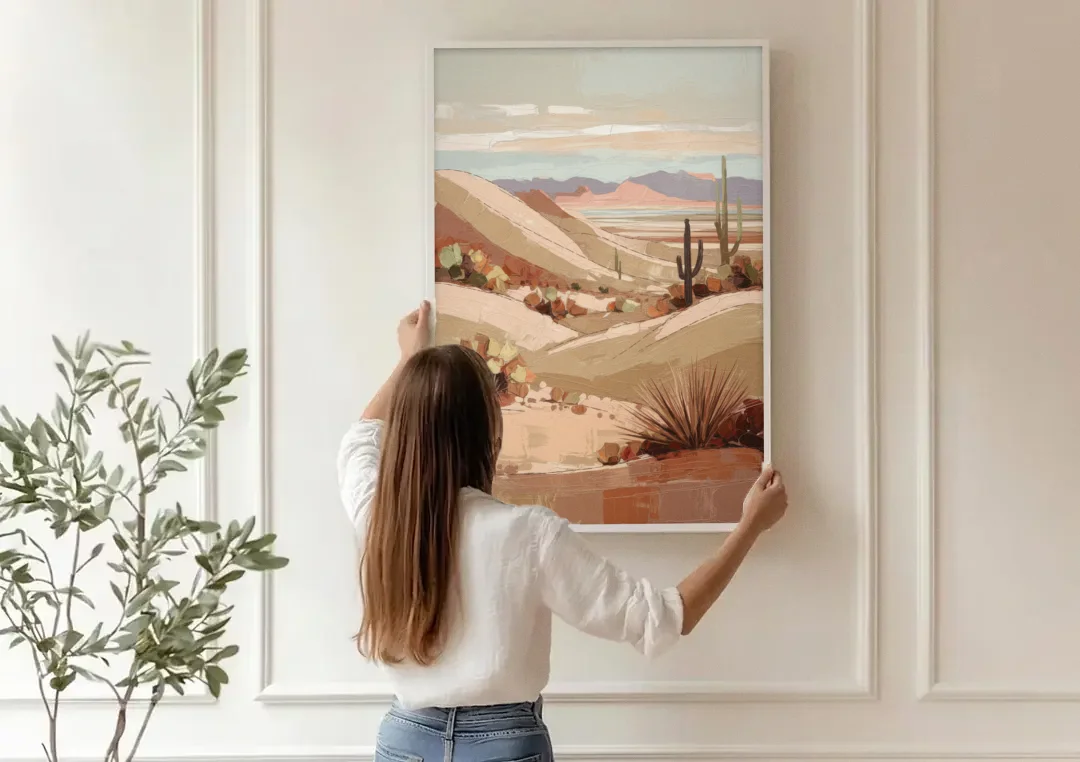 Marfa Desert Landscape canvas wall art being hung on a paneled wall