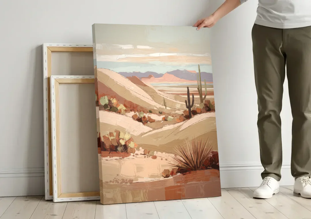 Marfa Desert Landscape canvas wall art leaning against a wall next to blank canvases