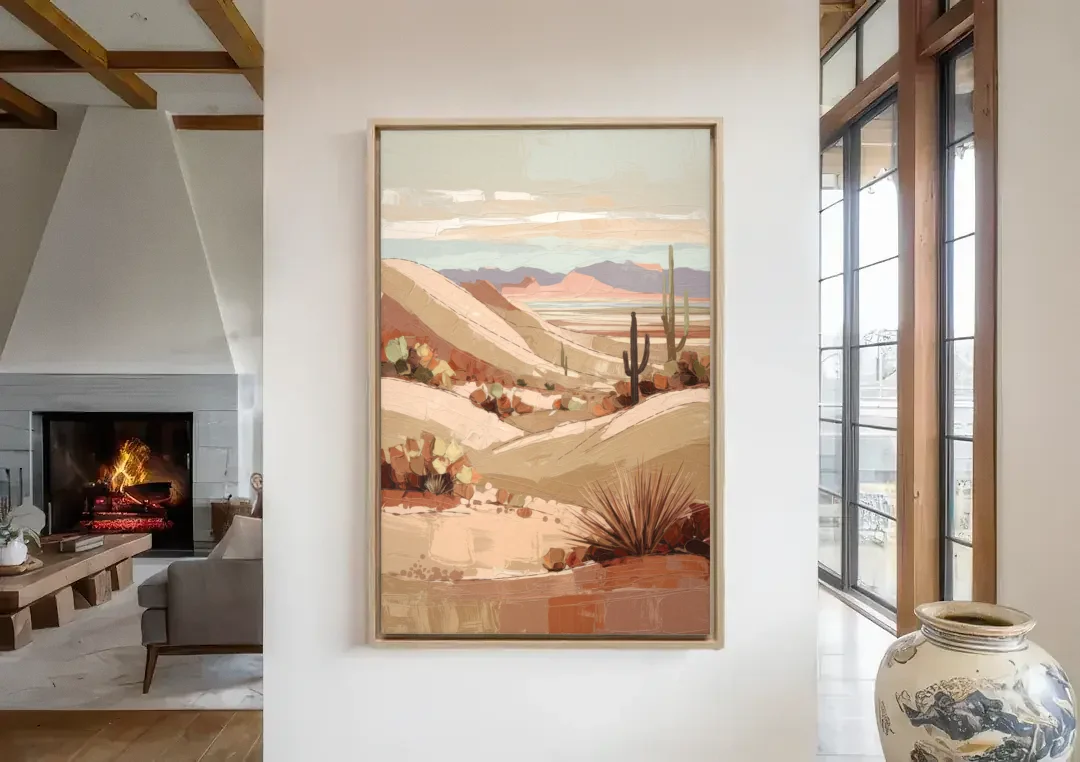 Marfa Desert Landscape canvas wall art in a living room with a fireplace
