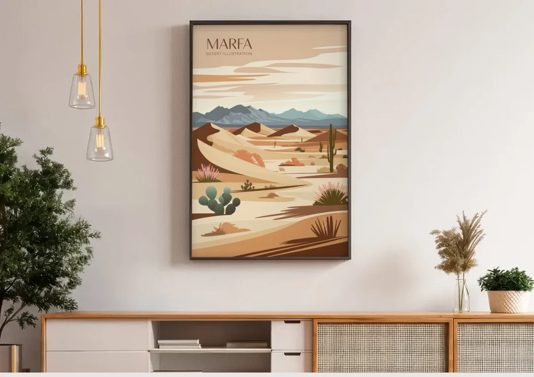 Marfa Desert Modern canvas wall art above a wooden sideboard under pendant lights