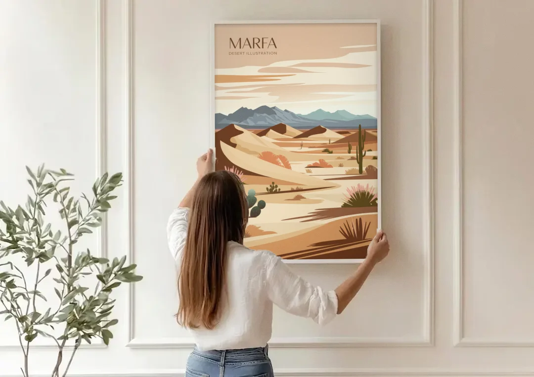 Marfa Desert Modern canvas wall art being hung on a paneled wall