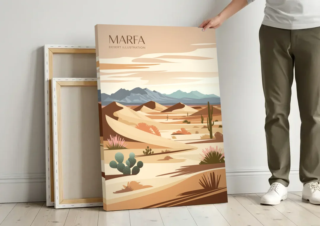 Marfa Desert Modern canvas wall art leaning against a wall next to blank canvases