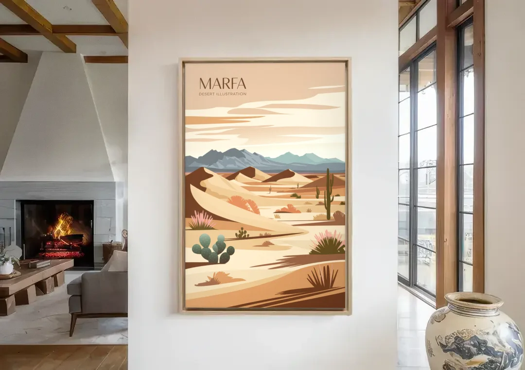 Marfa Desert Modern canvas wall art in a living room with a fireplace