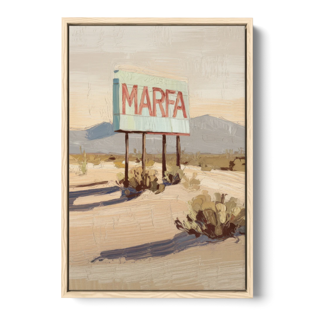Marfa Iconic Sign - Oak Framed Canvas Wall Art - Front