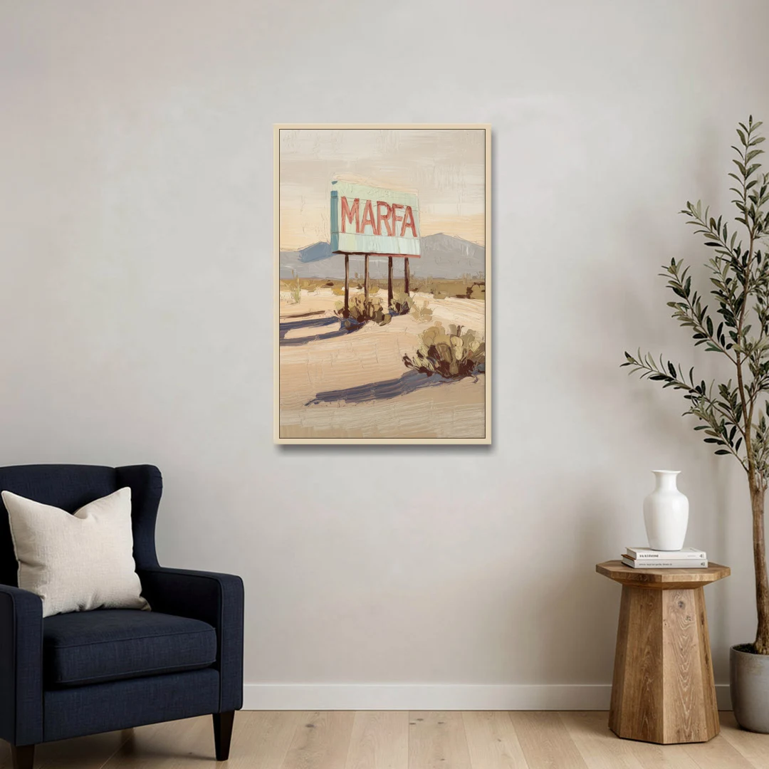 Marfa Iconic Sign - Oak Framed Canvas Wall Art - Sofa - 24x36