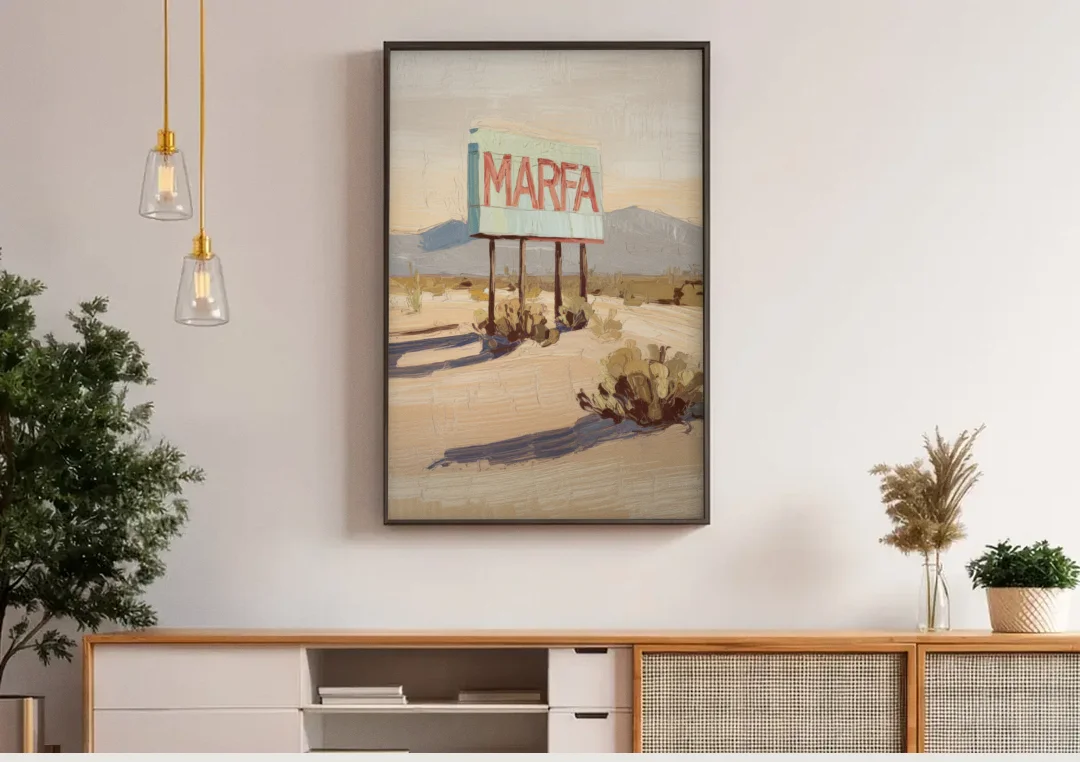 Marfa Iconic Sign canvas wall art above a wooden sideboard under pendant lights