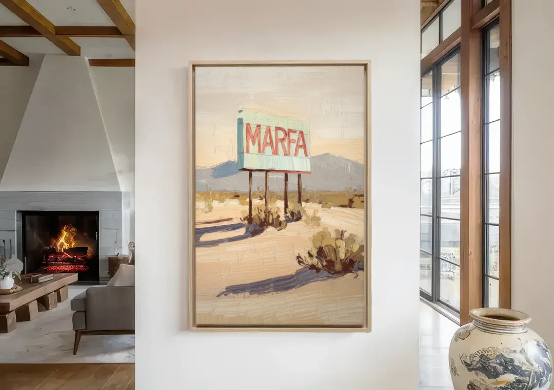 Marfa Iconic Sign canvas wall art in a living room with a fireplace