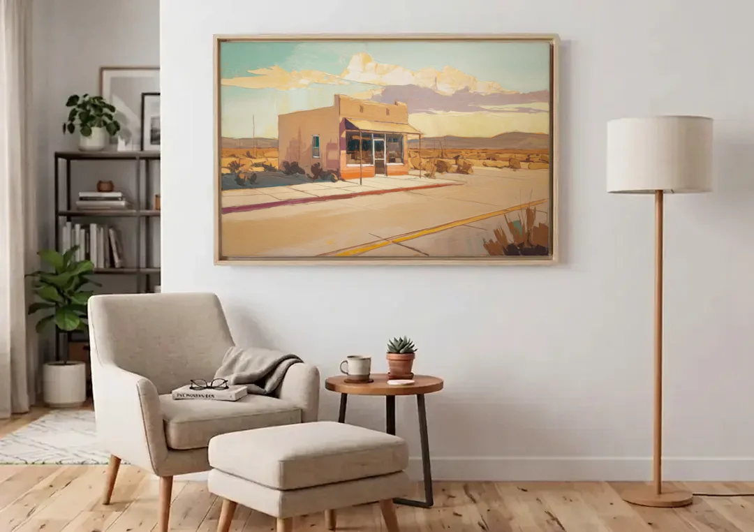 Marfa Roadside Charm canvas wall art above an armchair in a bright living room