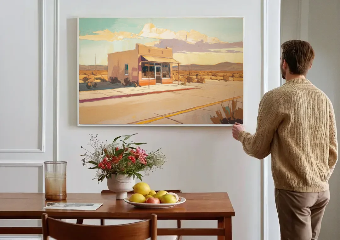 Marfa Roadside Charm canvas wall art above a dining table