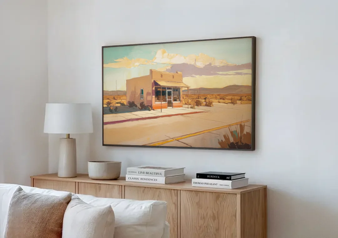 Marfa Roadside Charm canvas wall art above a wooden sideboard next to a sofa