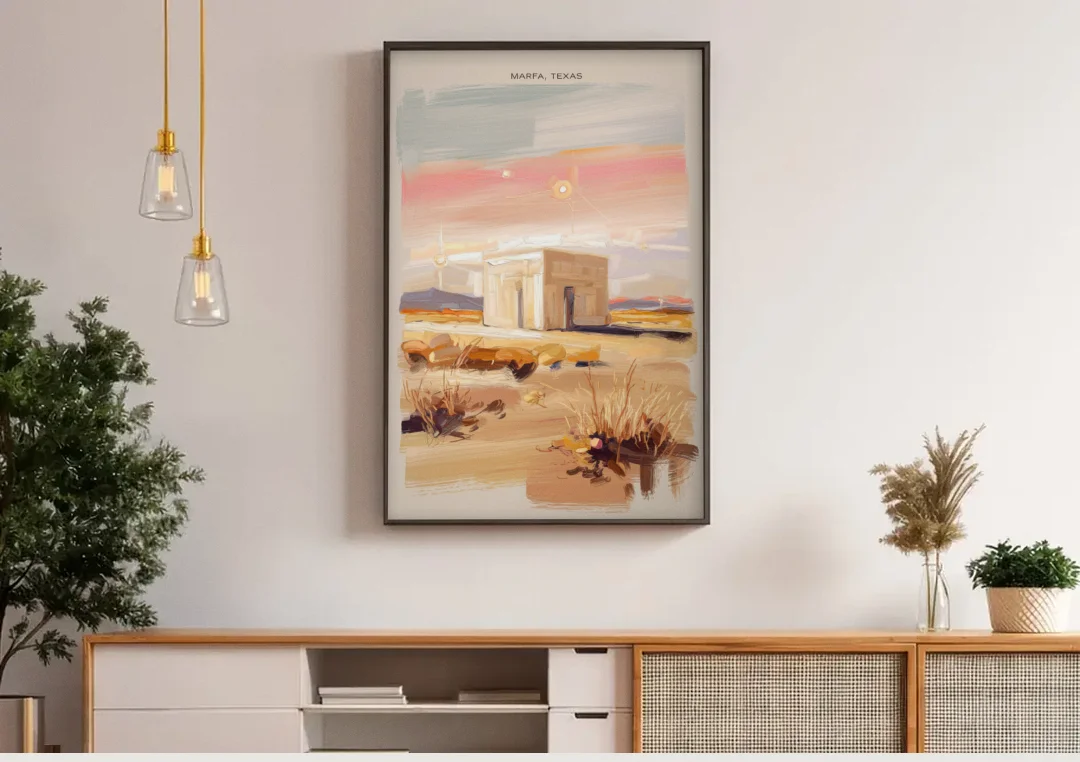 Marfa Scenic Beauty canvas wall art above a wooden sideboard under pendant lights