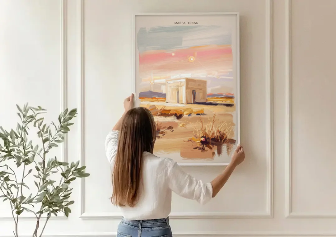 Marfa Scenic Beauty canvas wall art being hung on a paneled wall