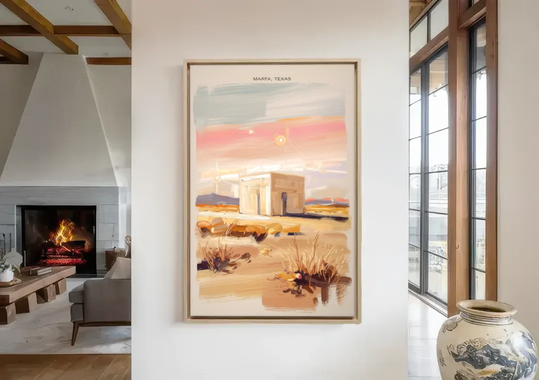Marfa Scenic Beauty canvas wall art in a living room with a fireplace