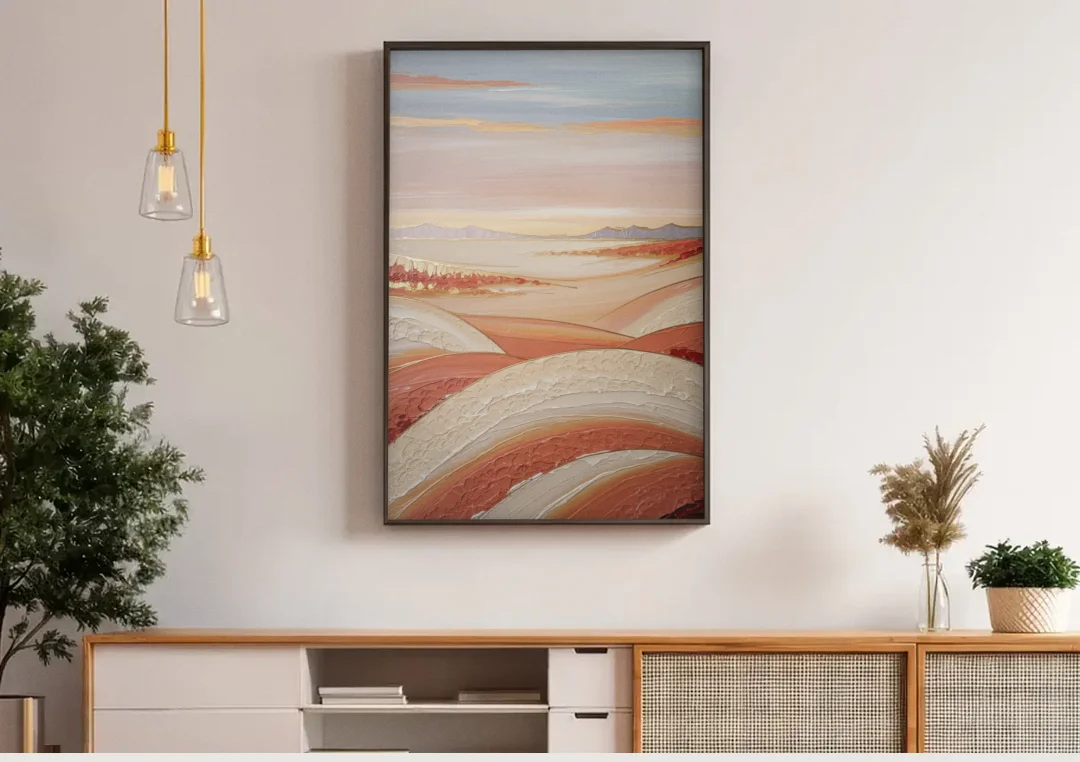 Marfa Texas Horizon canvas wall art above a wooden sideboard under pendant lights