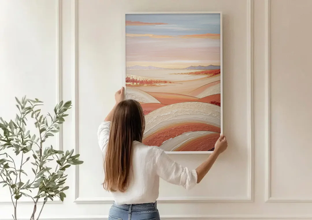 Marfa Texas Horizon canvas wall art being hung on a paneled wall