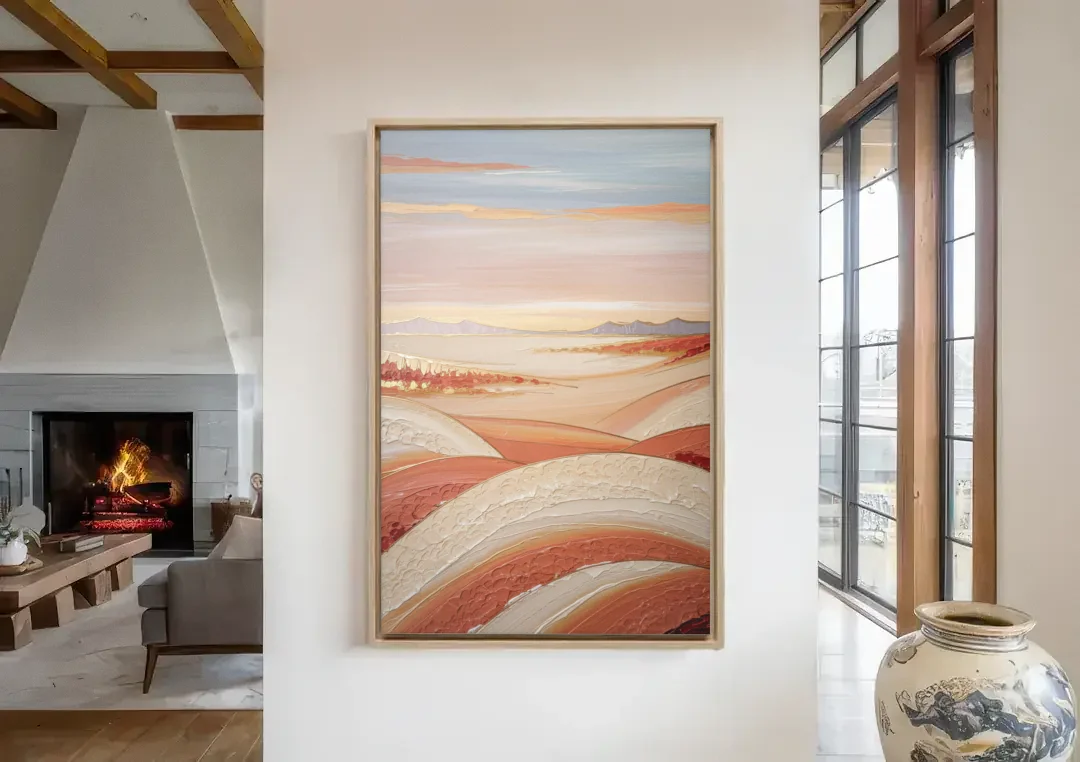 Marfa Texas Horizon canvas wall art in a living room with a fireplace