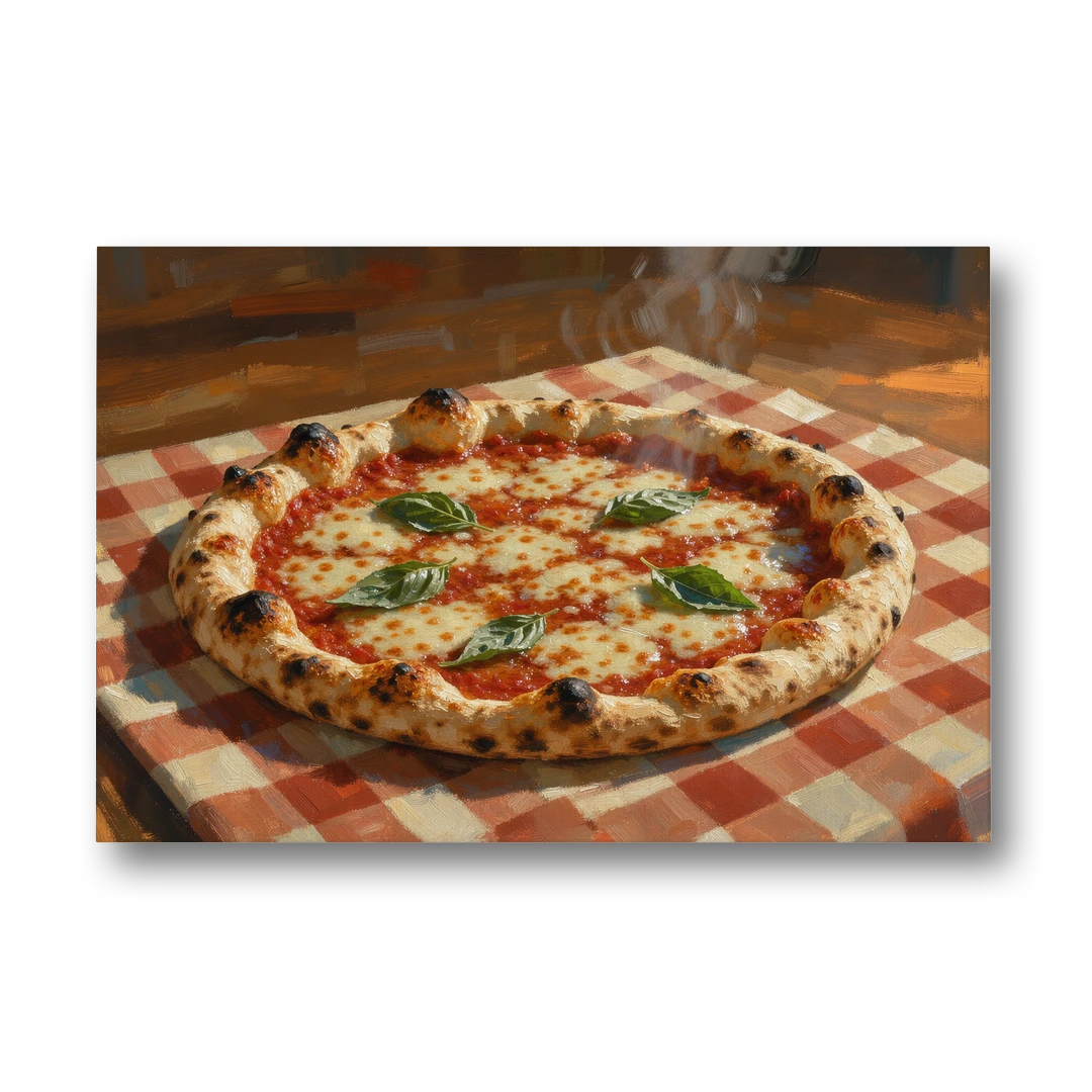 Margherita Pizza on a Checkered Cloth - Canvas Wall Art - Front