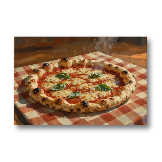 Margherita Pizza on a Checkered Cloth - Canvas Wall Art - Front