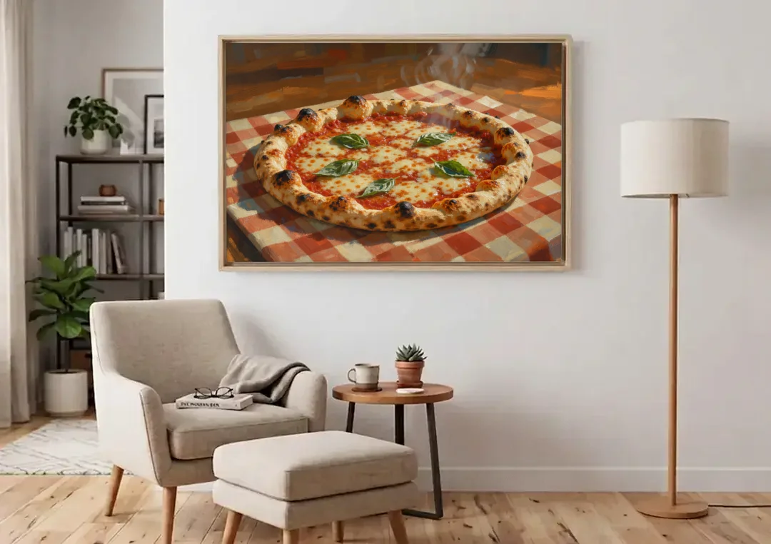 Margherita Pizza on a Checkered Cloth canvas wall art above an armchair in a bright living room