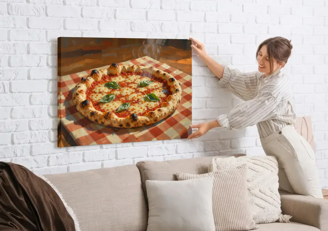 Margherita Pizza on a Checkered Cloth canvas wall art being hung on a white brick wall above a sofa