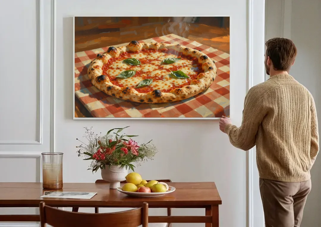 Margherita Pizza on a Checkered Cloth canvas wall art above a dining table