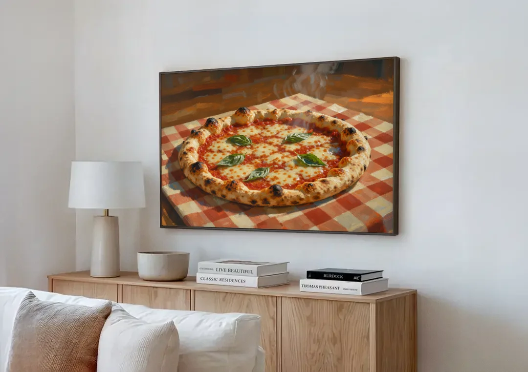 Margherita Pizza on a Checkered Cloth canvas wall art above a wooden sideboard next to a sofa