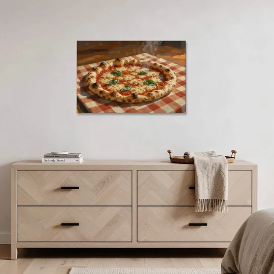Margherita Pizza on a Checkered Cloth - Canvas Wall Art - Coffee Table - 36x24