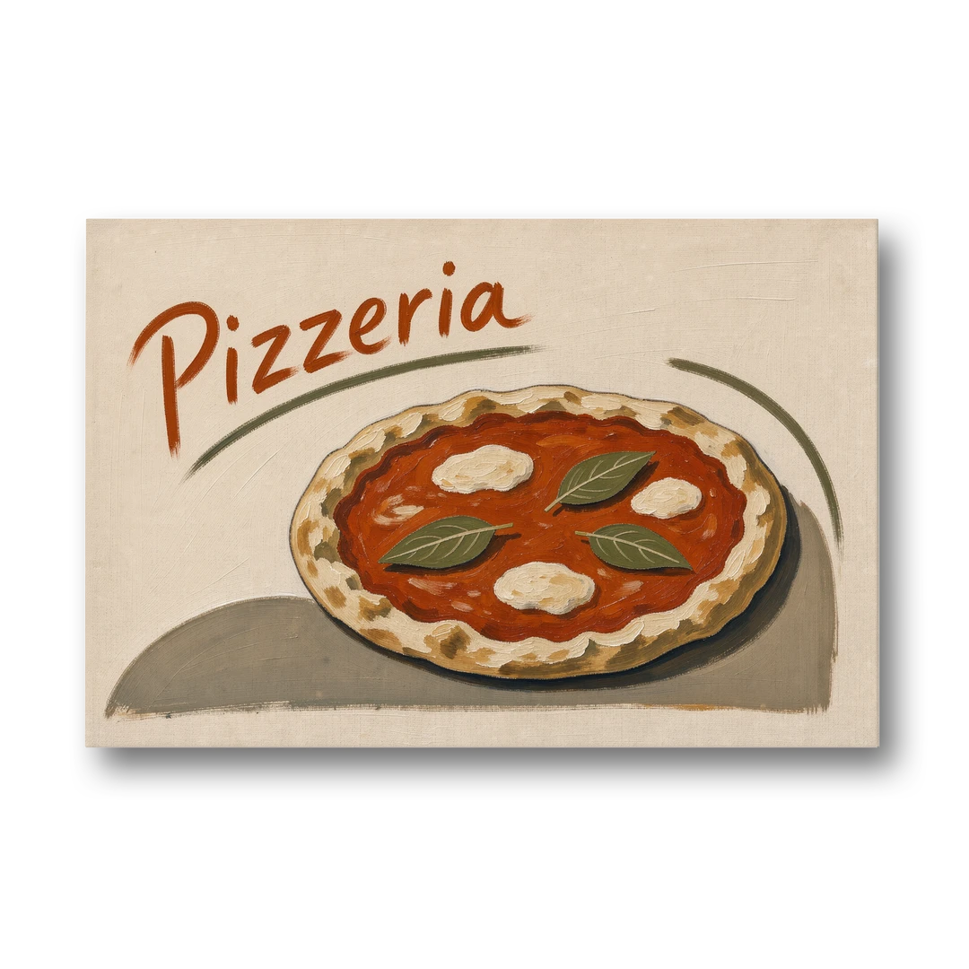 Margherita Pizza with Basil and Brushed Pizzeria Script - Canvas Wall Art - Front