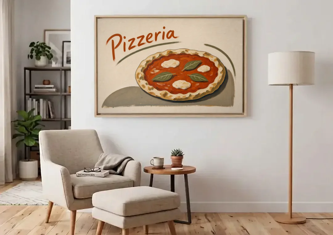 Margherita Pizza with Basil and Brushed Pizzeria Script canvas wall art above an armchair in a bright living room