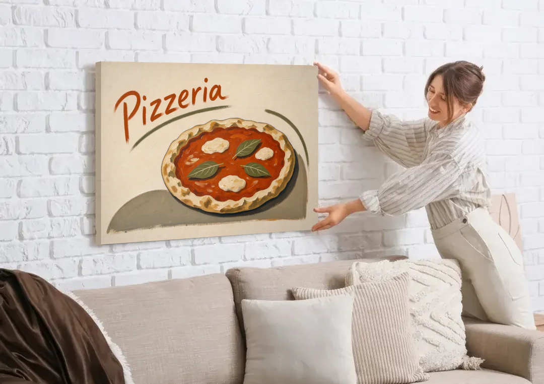 Margherita Pizza with Basil and Brushed Pizzeria Script canvas wall art being hung on a white brick wall above a sofa