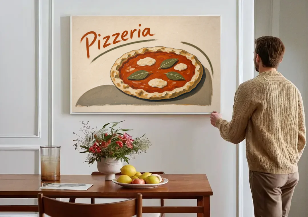 Margherita Pizza with Basil and Brushed Pizzeria Script canvas wall art above a dining table