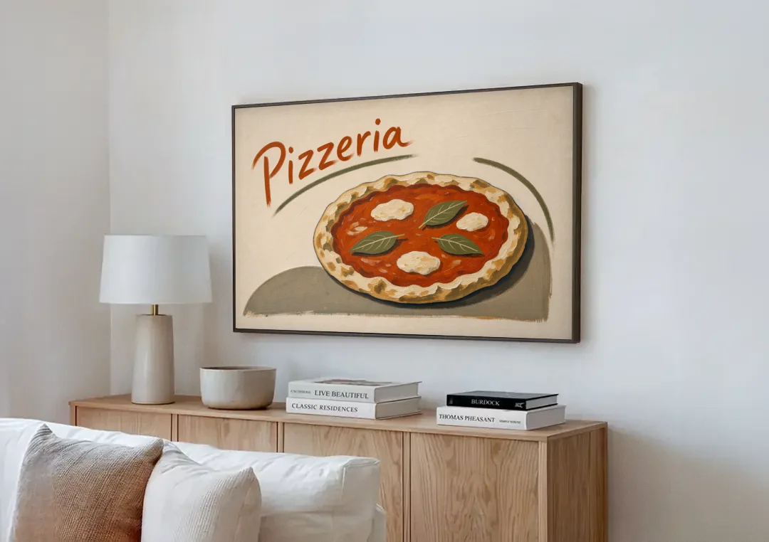 Margherita Pizza with Basil and Brushed Pizzeria Script canvas wall art above a wooden sideboard next to a sofa