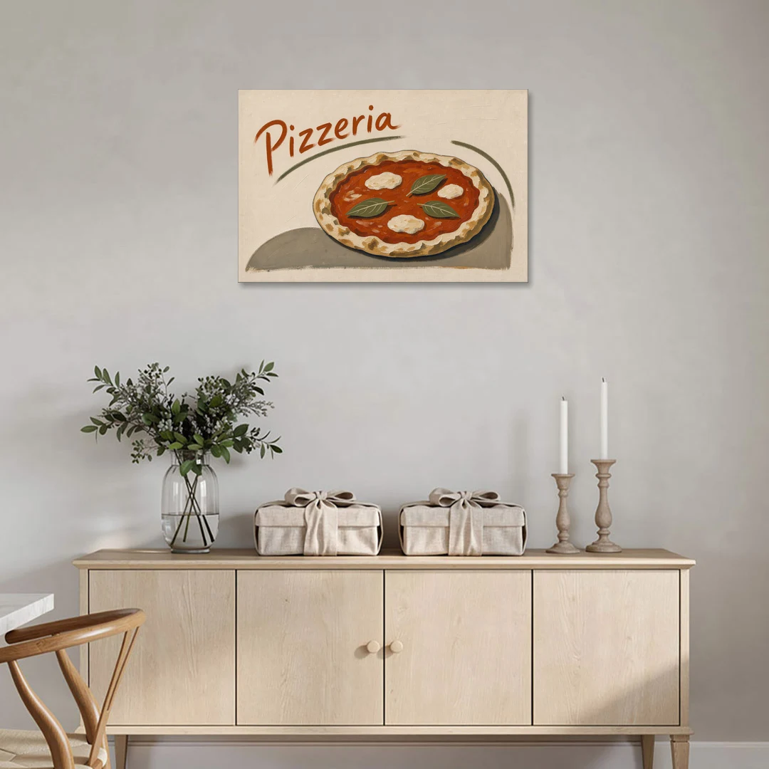 Margherita Pizza with Basil and Brushed Pizzeria Script - Canvas Wall Art - Coffee Table - 36x24