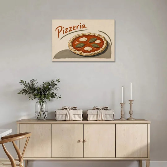 Margherita Pizza with Basil and Brushed Pizzeria Script - Canvas Wall Art - Coffee Table - 36x24