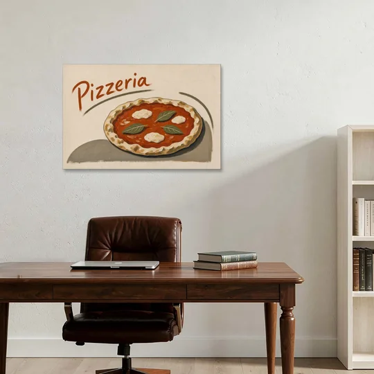 Margherita Pizza with Basil and Brushed Pizzeria Script - Canvas Wall Art - Office - 36x24