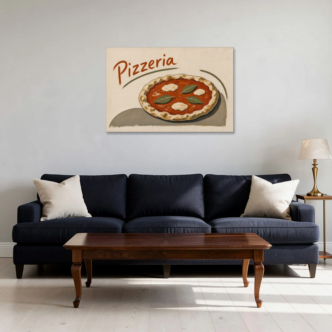 Margherita Pizza with Basil and Brushed Pizzeria Script - Canvas Wall Art - Sofa - 36x24