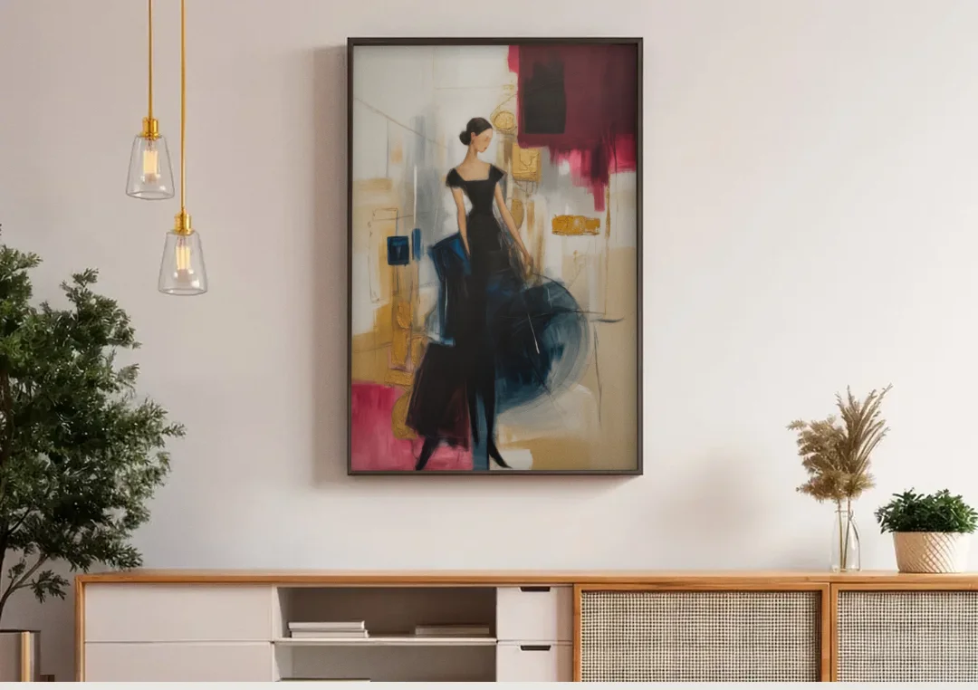 Maria Luisa Magic canvas wall art above a wooden sideboard under pendant lights