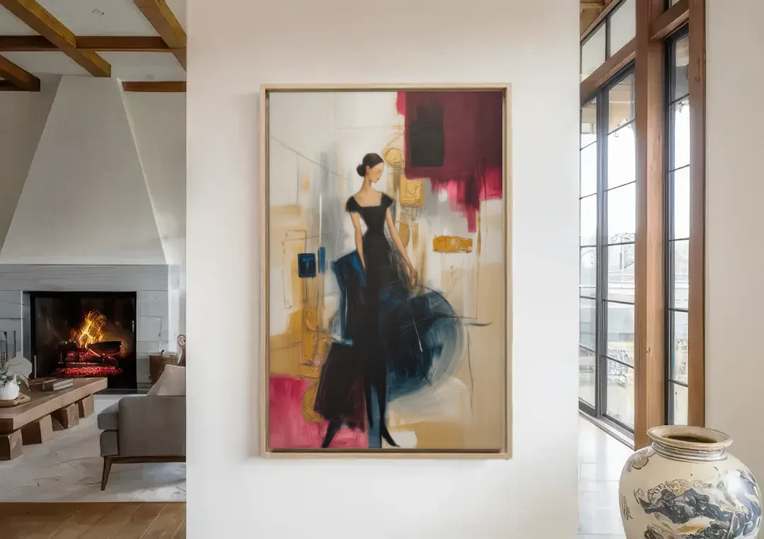 Maria Luisa Magic canvas wall art in a living room with a fireplace