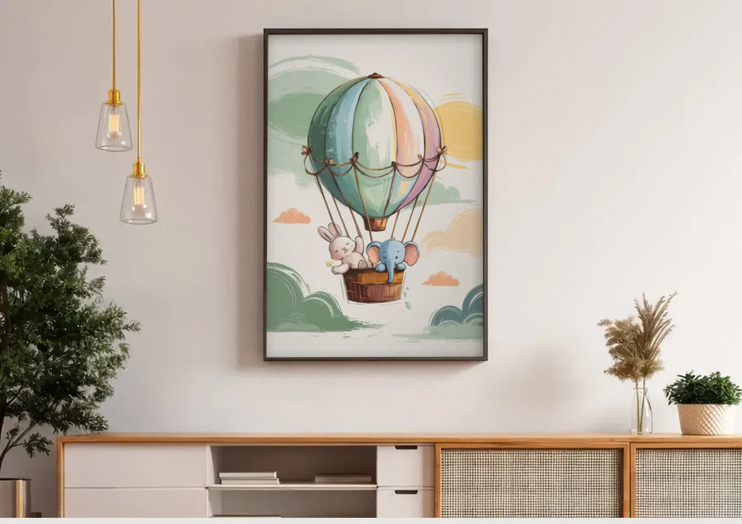 Marietta Baby Room Bliss canvas wall art above a wooden sideboard under pendant lights
