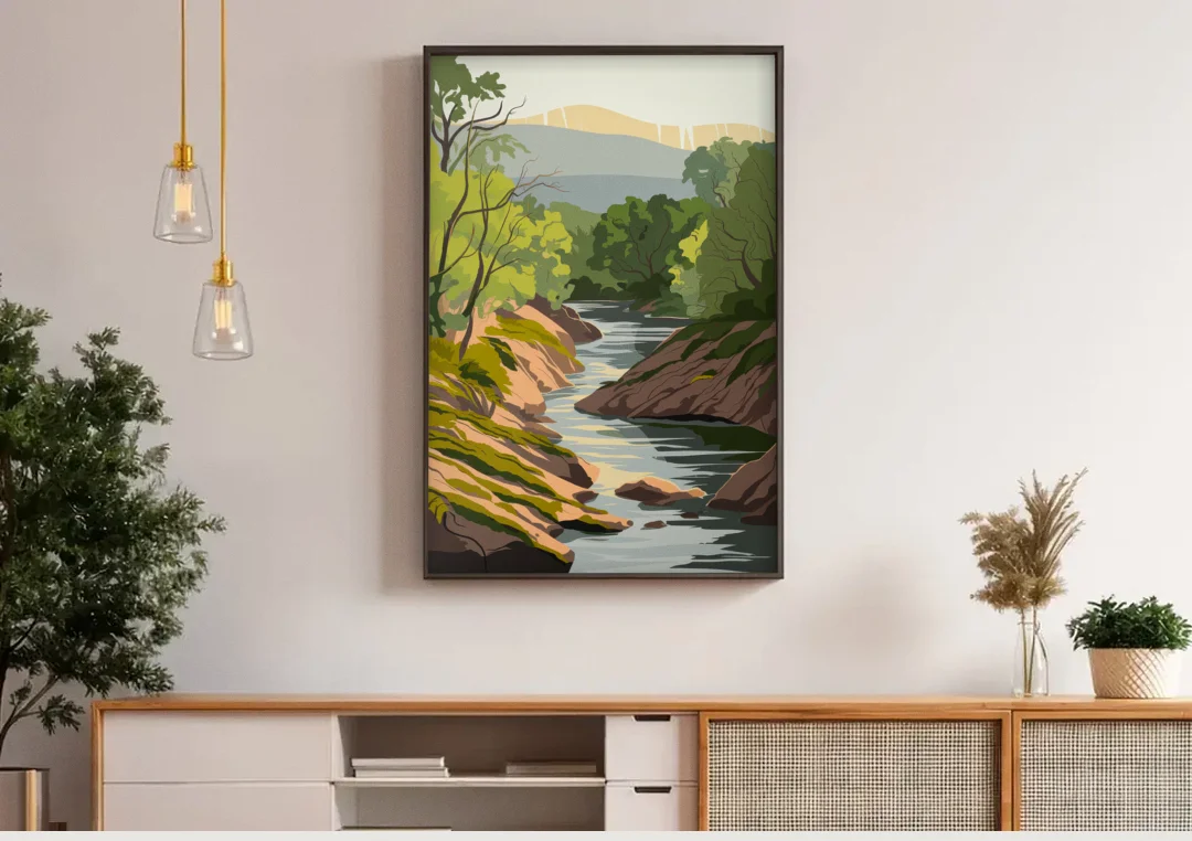 Marietta Chattahoochee River canvas wall art above a wooden sideboard under pendant lights