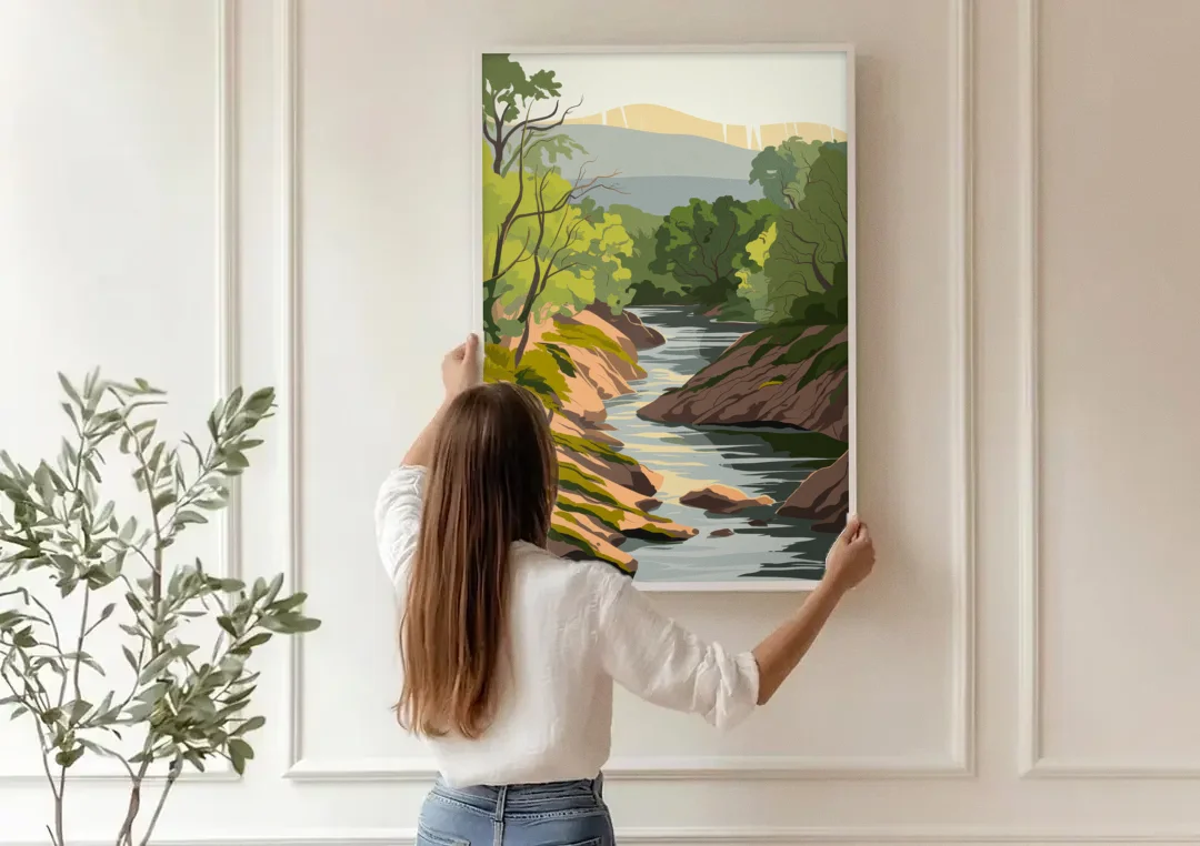 Marietta Chattahoochee River canvas wall art being hung on a paneled wall