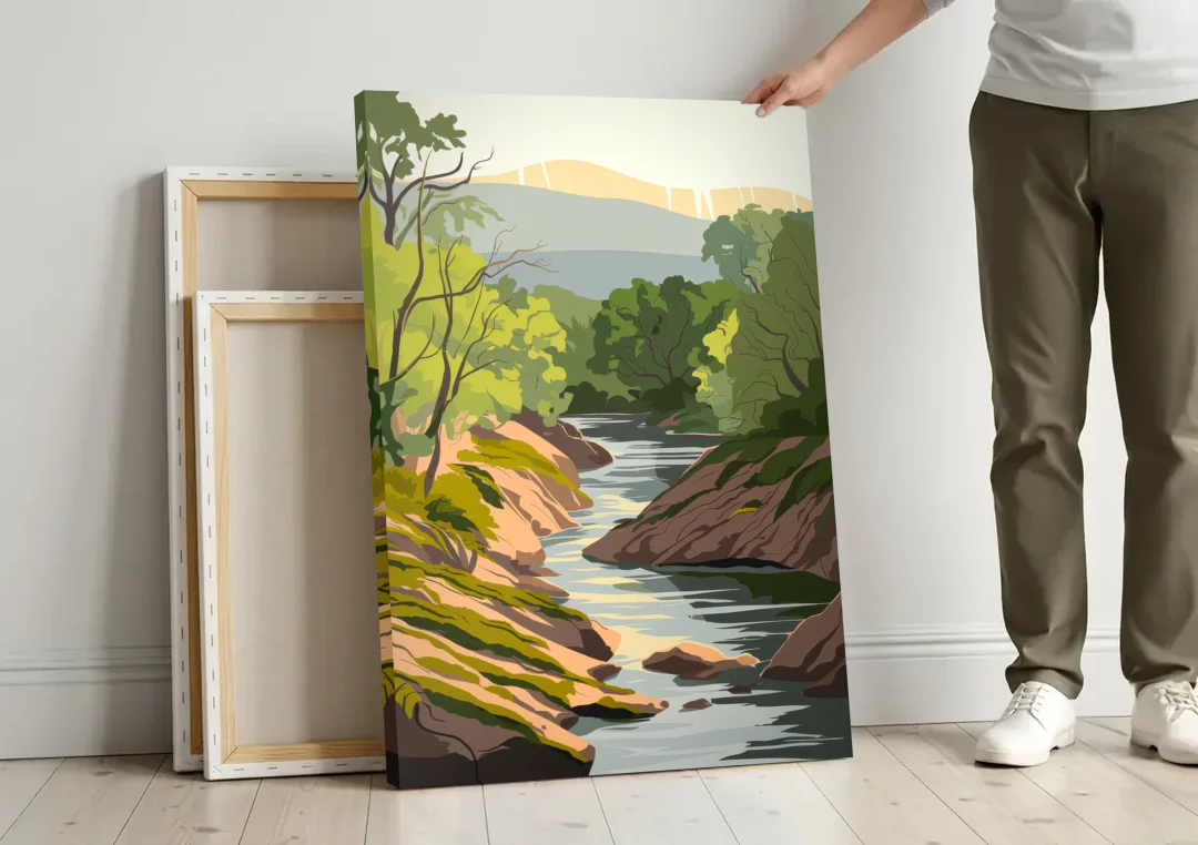 Marietta Chattahoochee River canvas wall art leaning against a wall next to blank canvases