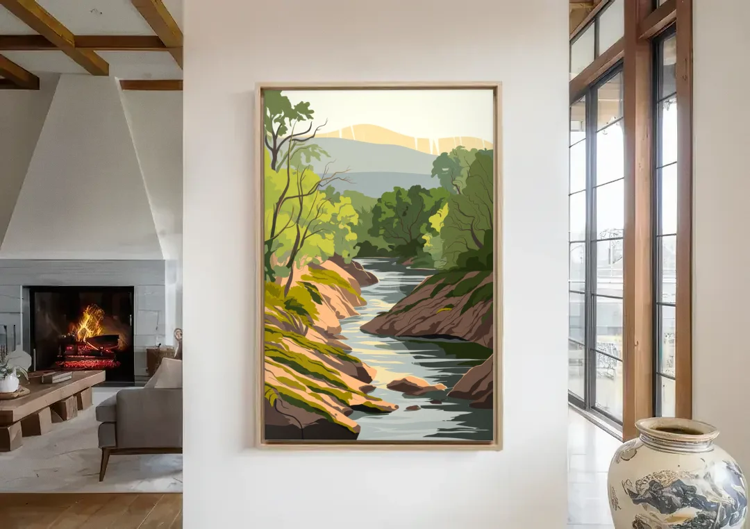 Marietta Chattahoochee River canvas wall art in a living room with a fireplace