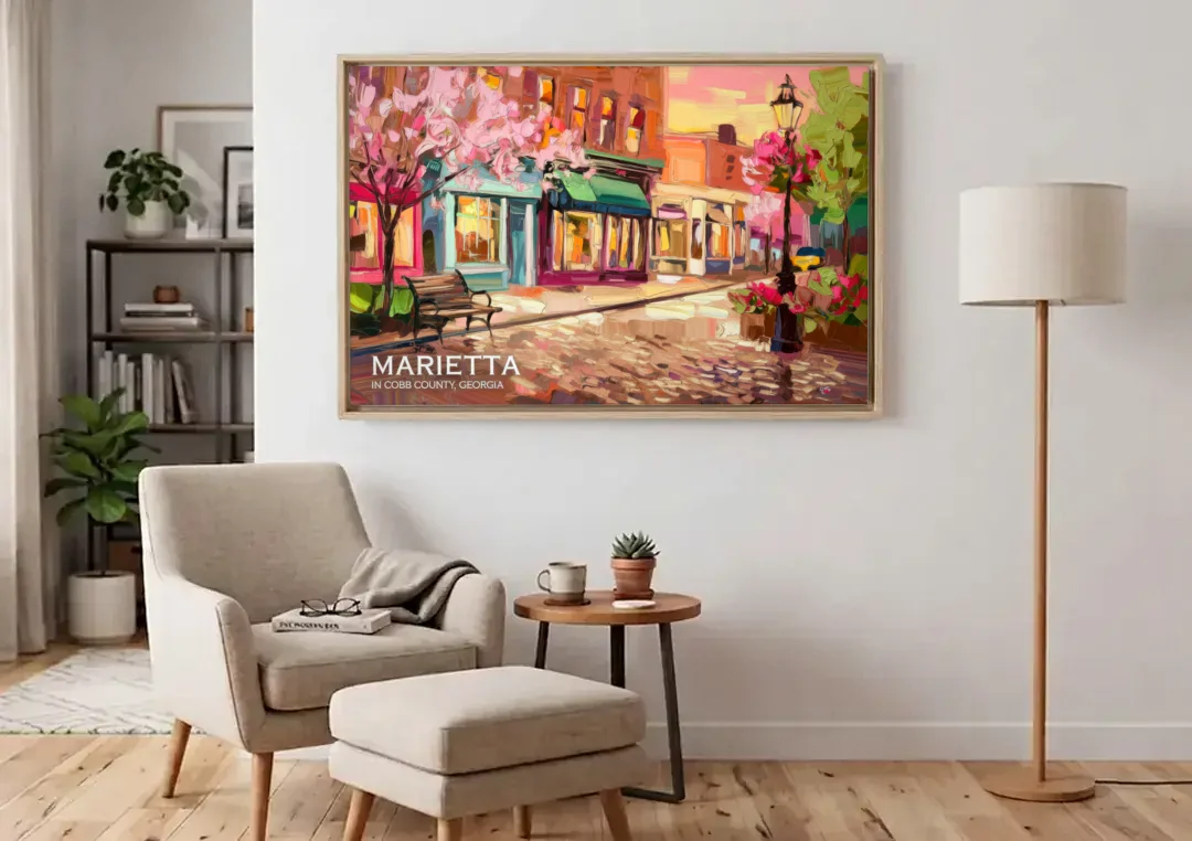 Marietta Cobb County Scenes canvas wall art above an armchair in a bright living room