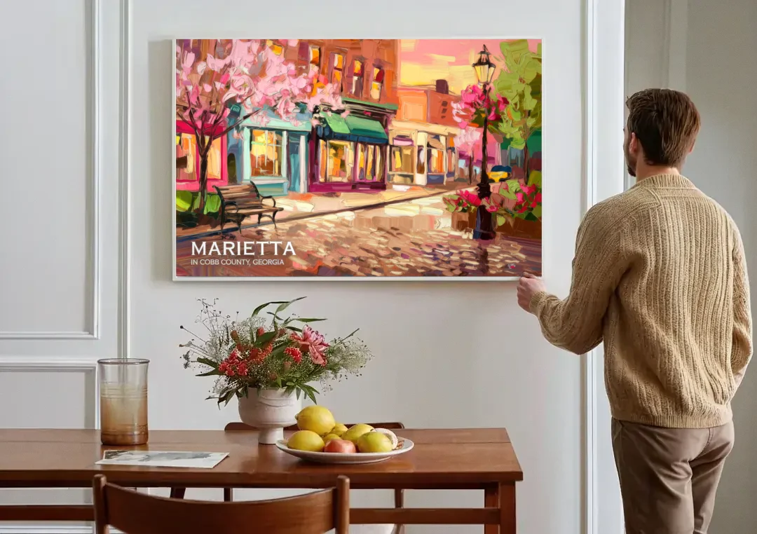 Marietta Cobb County Scenes canvas wall art above a dining table