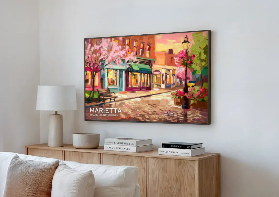 Marietta Cobb County Scenes canvas wall art above a wooden sideboard next to a sofa